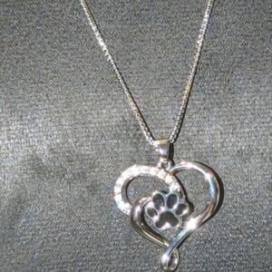 Silver Plated Heart and Paw Pendant Necklace 18"